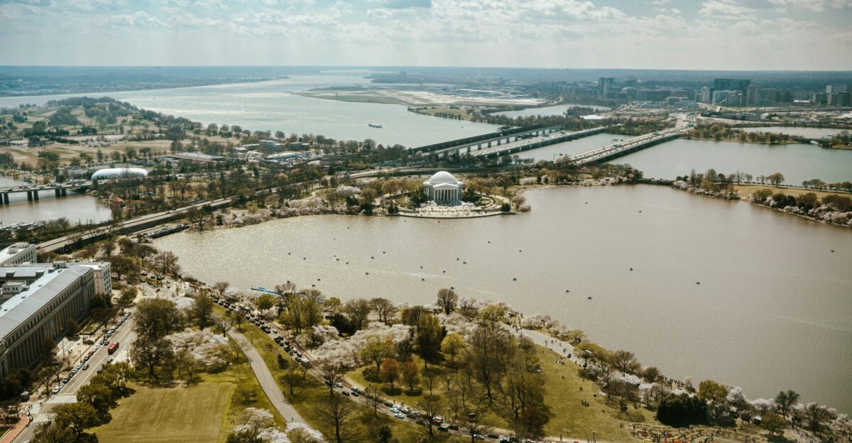 an aerial view of a large body of water