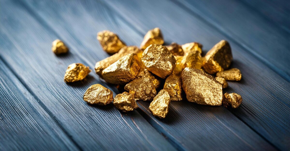A pile of gold nuggets sitting on top of a wooden table