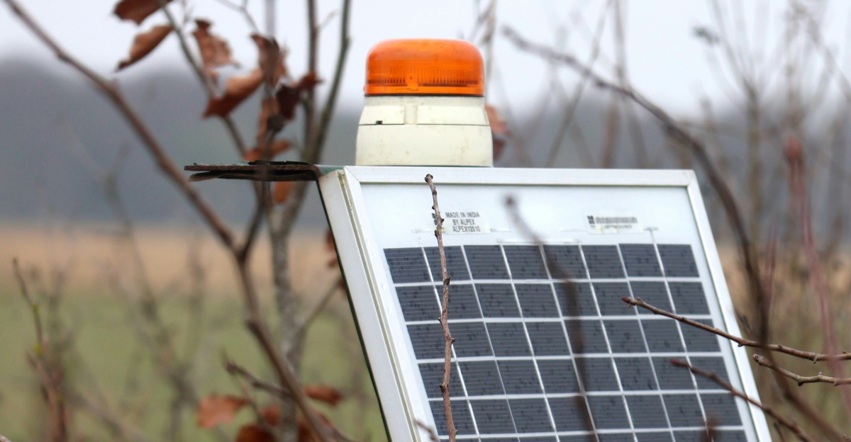 A solar panel mounted to a pole in a field