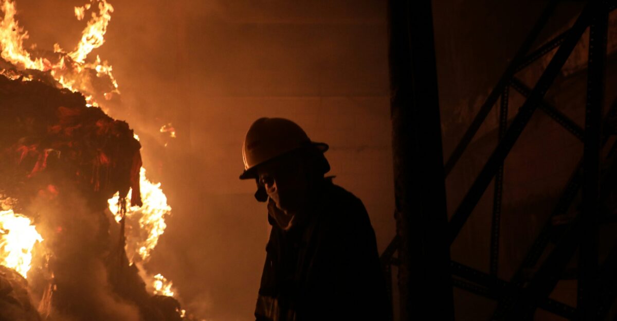 Firefighter stands silhouetted next to a raging inferno