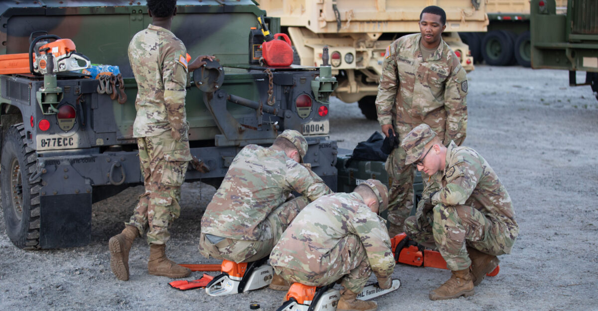 Georgia National Guard Soldiers with the Augusta-based 878th Engineer Battalion 648th Maneuver Enhancement Brigad prepare chainsaws for route clearance at the Augusta Readiness Center in Augusta Georgia Sept 28 2024 The Georgia National Guard is providing response and recovery support to areas impacted by Hurricane Helene The Georgia Emergency Management and Homeland Security Agency GEMA HS is the lead agency We will continue to partner with GEMA HS as well as other local state and federal entities at the direction of the Governor U S Army National Guard photo by Spc Kemarvo Smith