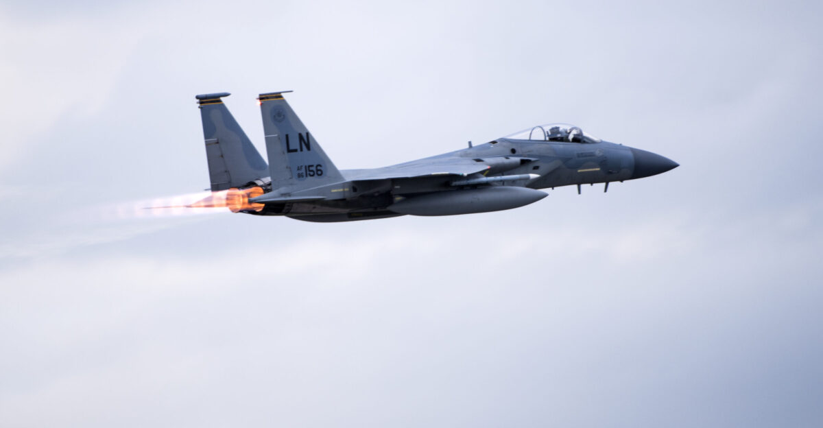 An F-15C Eagle assigned to the 493rd Fighter Squadron takes off for a sortie during the NATO Tactical Leadership Programme 18-4 at Amendola Air Base Italy Nov 29 2018 With over four decades of history TLP has become the focal point for NATO s Allied Air Forces tactical training developing knowledge and leadership skills necessary to face today s air tactical challenges U S Air Force photo Senior Airman Malcolm Mayfield