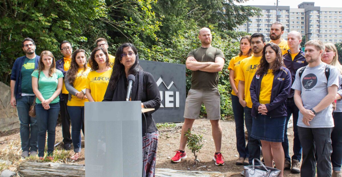 CM Sawant joined with REI workers and labor advocates to celebrate raises for store employees