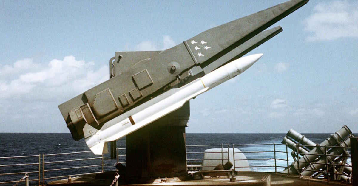RIM-66 Standard MR SM-2 missiles on a Mark 26 launcher prior to being fired from the Aegis guided missile cruiser USS TICONDEROGA CG-47 during tests near the Atlantic Fleet Weapons Training Facility Roosevelt Roads Puerto Rico