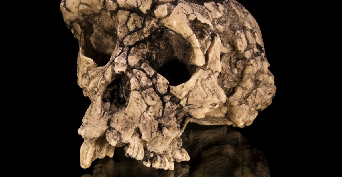 Cast of the Sahelanthropus tchadensis holotype cranium TM 266-01-060-1 dubbed Touma in facio-lateral view Specimen of the previous Molecular Anthropology and Imaging Synthesis Laboratory of the University of Toulouse 3 with the French National Centre for Scientific Research CNRS and the University of Strasbourg now the Centre for Anthropobiology and Genomics of Toulouse Size 182 5 X 105 X 97 mm