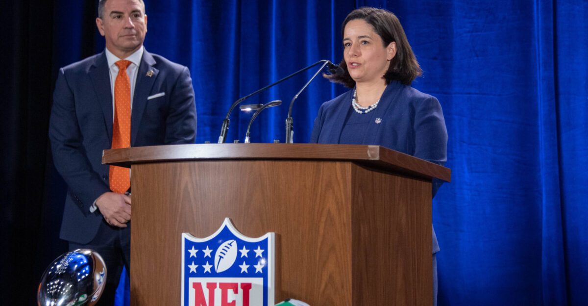 NFL representative Bonnie Jarrett speaks during the Intellectual Property Rights press conference prior to Super Bowl LVII