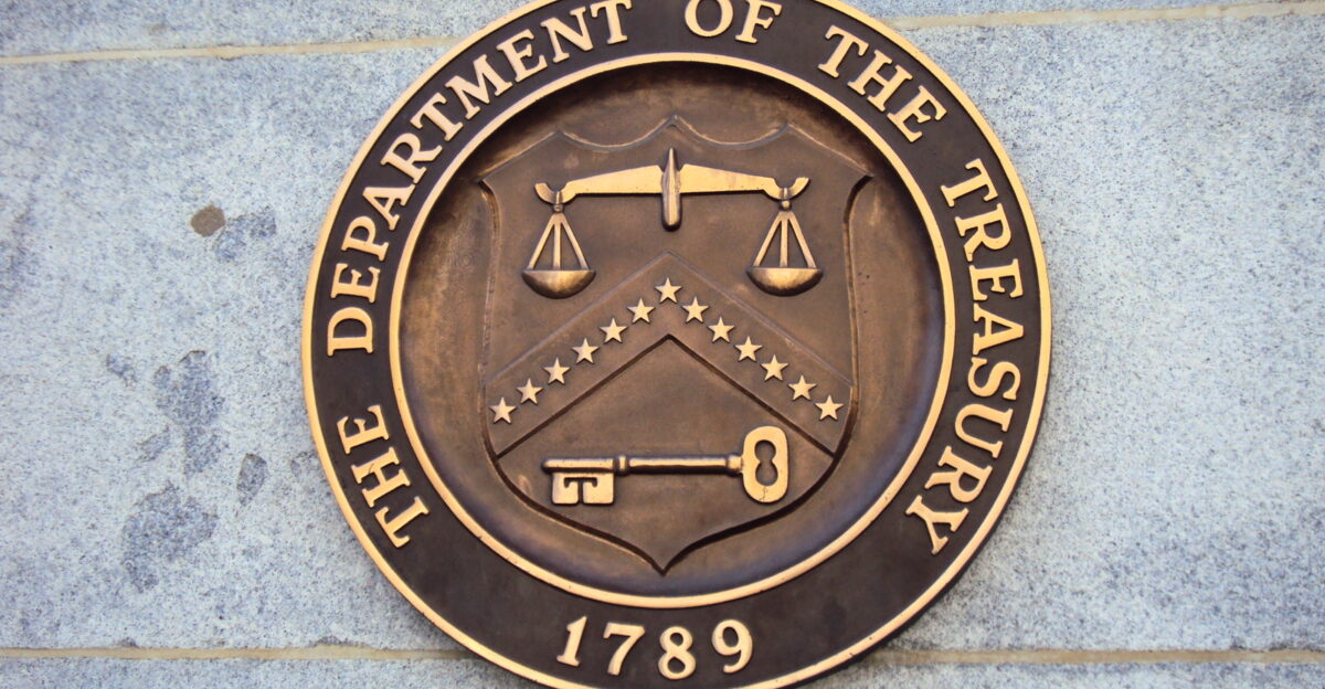Seal of United States Department of the Treasury on the Building Washington DC