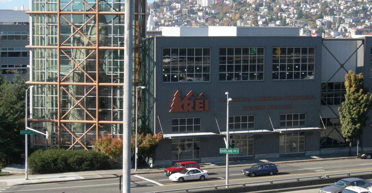 Flagship store of Recreational Equipment Incorporated REI Co-op Cascade District Seattle Washington USA The high portion of the building at left includes a large artificial climbing rock