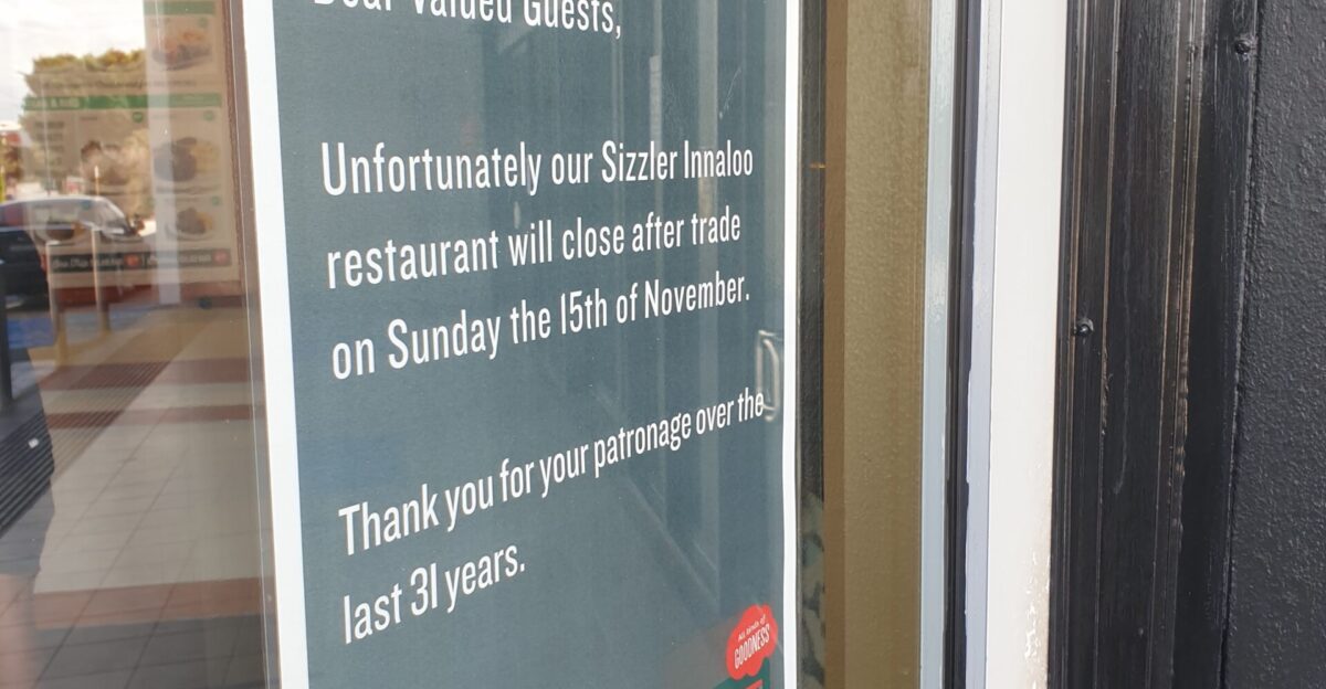 Sign on the front door informing customers of the closure of the Sizzler Innaloo restaurant in Woodlands Western Australia