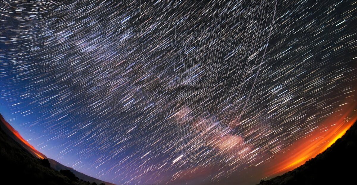 Starlink Satellites pass overhead near Carson National Forest New Mexico photographed soon after launch