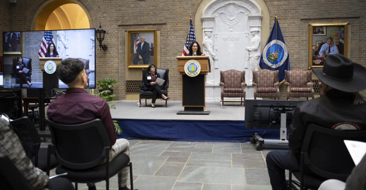 U S Deputy Secretary of Agriculture Xochitl Torres Small delivers remarks during an event in honor of Cesar Chavez Day on Thursday March 28 2024 on the patio at USDA in Washington D C Chavez was a Mexican American labor leader who used non-violent methods to fight for the rights of migrant farm workers in the southwestern United States Chavez founded the Cesar Chavez Foundation a group that advocates for the rights of farm workers acting to increase wages and improve the working conditions and safety of farm workers USDA photo by Tom Witham