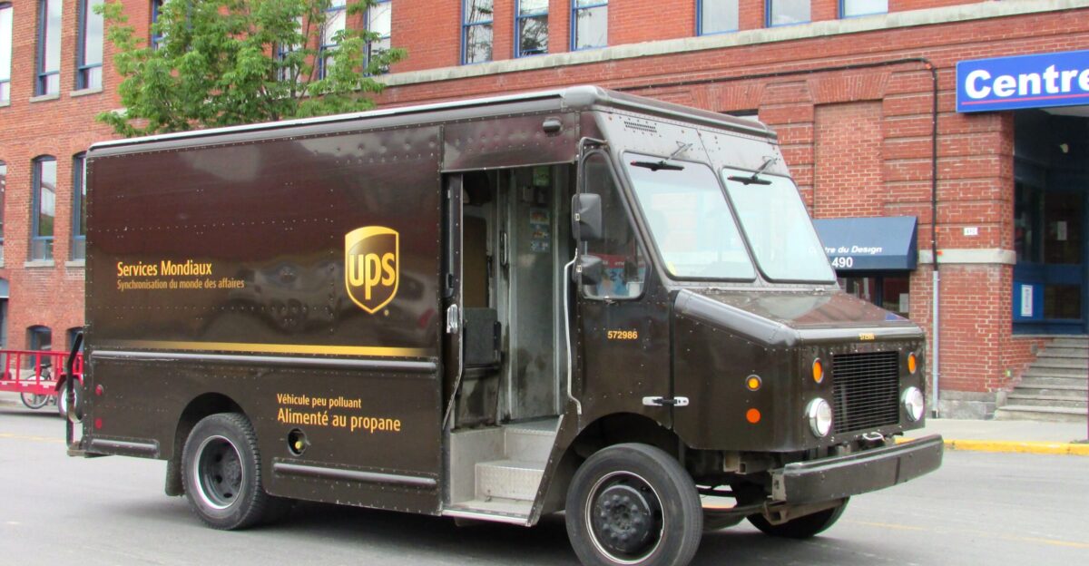 A propane-powered UPS package car delivery van in Montreal Quebec Canada