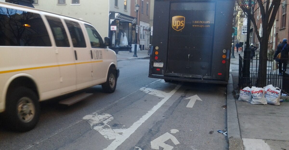 UPS truck parked in bike lane in Philadelphia PA