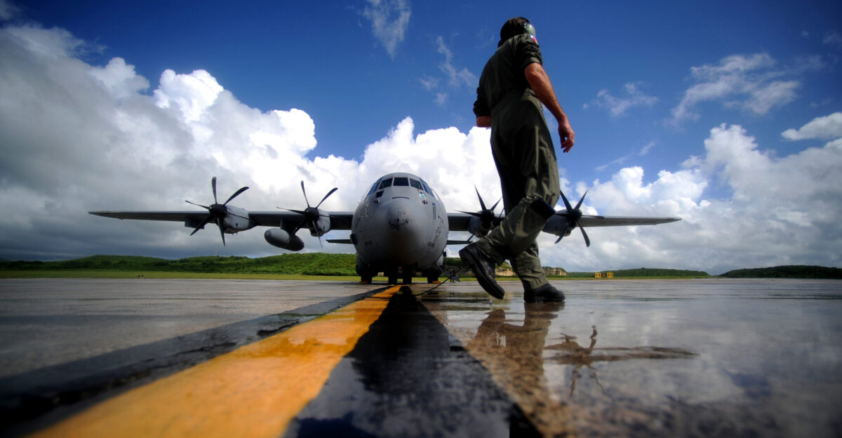U S Air Force Master Sgt Levi Denham a WC-130J Hercules aircraft weather reconnaissance loadmaster assigned to the 53rd Reconnaissance Squadron performs pre-engine start-up inspections in St Croix Virgin Islands on Sept 16 2010 Known as Hurricane Hunters the 53rd Weather Reconnaissance Squadron s mission is to provide surveillance of tropical storms and hurricanes in the Atlantic Ocean the Caribbean Sea the Gulf of Mexico and the central Pacific Ocean for the National Hurricane Center in Miami