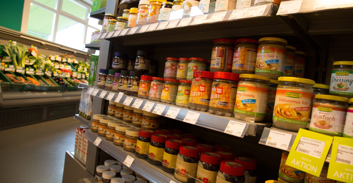 Vegan products on shelves in the all-vegan Veganz grocery store chain in Berlin Germany