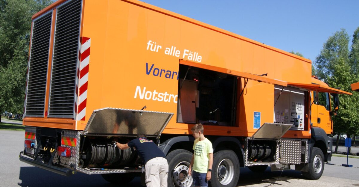 Vehicle-mounted electricity generator of the Vorarlberger Kraftwerke VKW in Vorarlberg Austria on a MAN truck