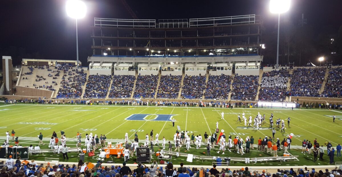 Wallace Wade Stadium during Duke s 2015 game against the Miami Hurricanes The construction of Blue Devil Tower can be seen above the press box