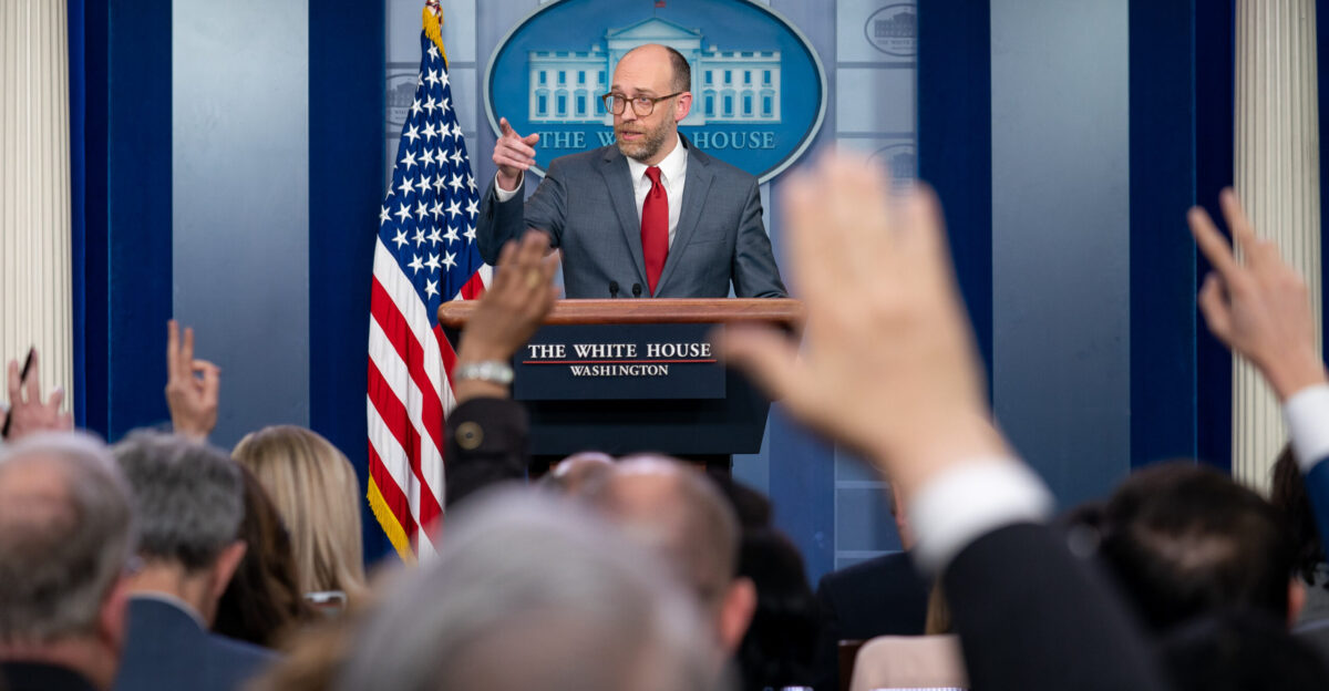 Reporters raise their hands to ask a question of Acting Director of the Office of Management and Budget Russell Vought during a press briefing Monday March 11 2019 in the James S Brady Press Briefing Room of the White House Official White House Photo by Tia Dufour