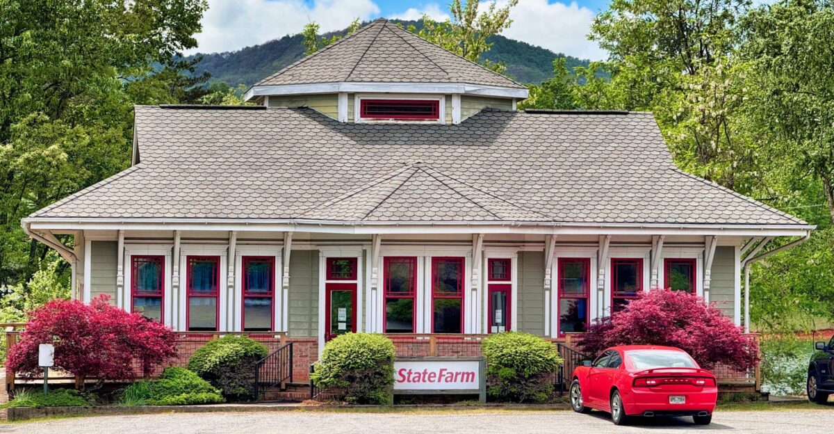 A State Farm Insurance office in a classic railroad depot building in Hiawassee Georgia United States