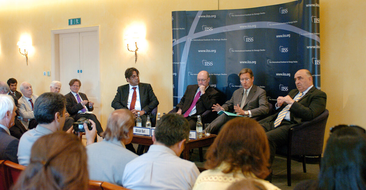 Foreign Office Minister Alistair Burt Homayoun Tandar Ambassador of the Islamic Republic of Afghanistan and Sir William Patey British Ambassador to Afghanistan speaking at a discussion at the International Institute for Strategic Studies IISS 8 July 2010