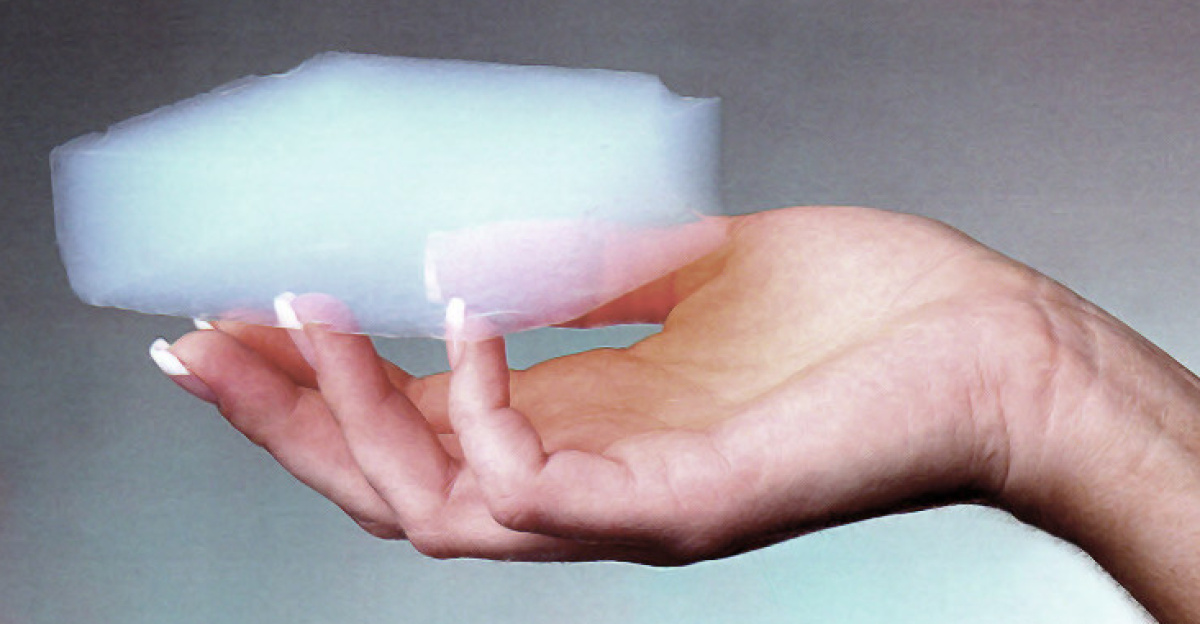 <a href="https://en.wikipedia.org/wiki/Aerogel" class="extiw" title="en:Aerogel">Aerogel</a>: Though with a ghostly appearance like an hologram, aerogel is very solid. It feels like hard styrofoam to the touch.