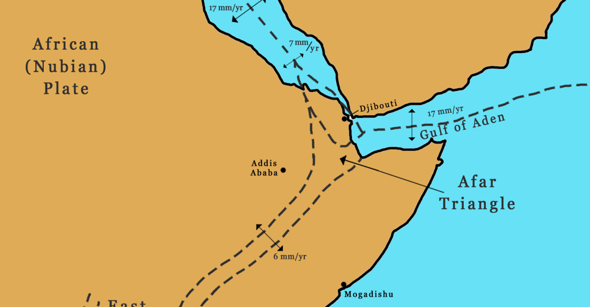 Regional map of the Afar Triangle showing the spreading rates of the three limbs East African Rifts Red Sea Rift and Aden Ridge