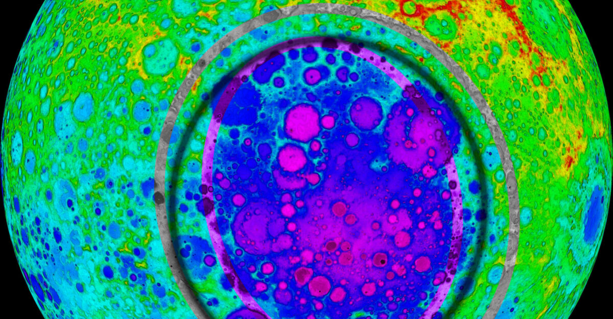 South pole Aitken basin on the moon from JAXA s Kaguya data Viewed at -45 degrees The black ring is an old approximation the elliptical purple and grey rings trace the inner and outer rings per 1 fig 2 from Garrick-Bethell and Zuber 2009 doi 10 1016 j icarus 2009 05 032