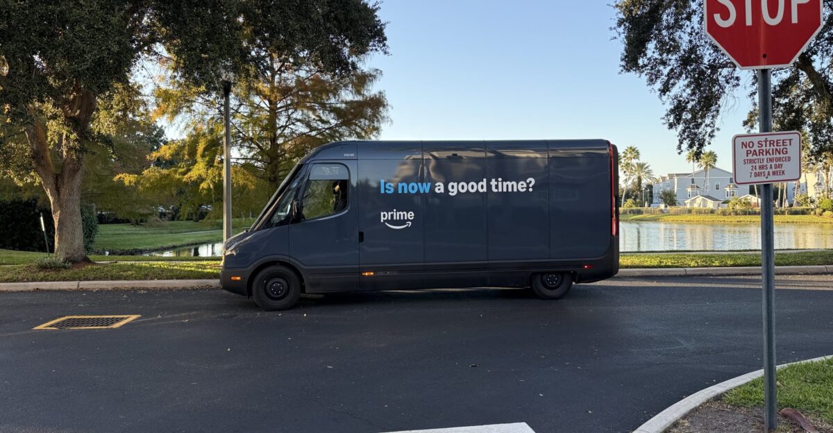 An Amazon electric delivery van manufactured by Rivian is seen at a gated townhome neighborhood in Orlando Florida