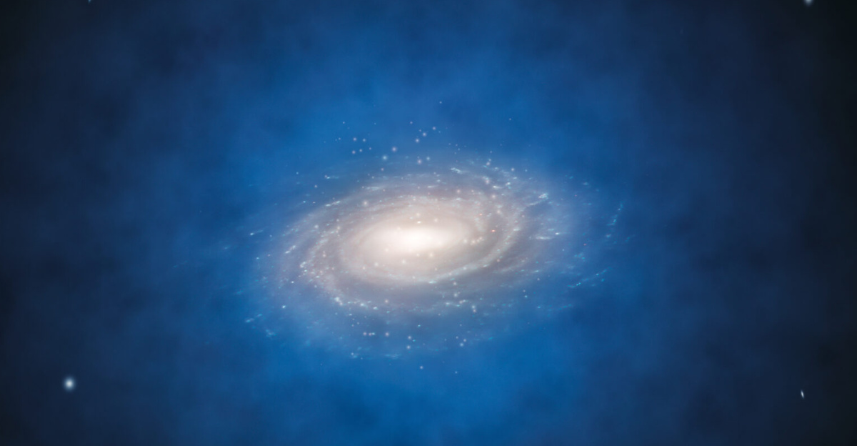 This artist’s impression shows the Milky Way galaxy. The blue halo of material surrounding the galaxy indicates the expected distribution of the mysterious dark matter, which was first introduced by astronomers to explain the rotation properties of the galaxy and is now also an essential ingredient in current theories of the formation and evolution of galaxies. New measurements show that the amount of dark matter in a large region around the Sun is far smaller than predicted and have indicated that there is no significant dark matter at all in our neighbourhood.