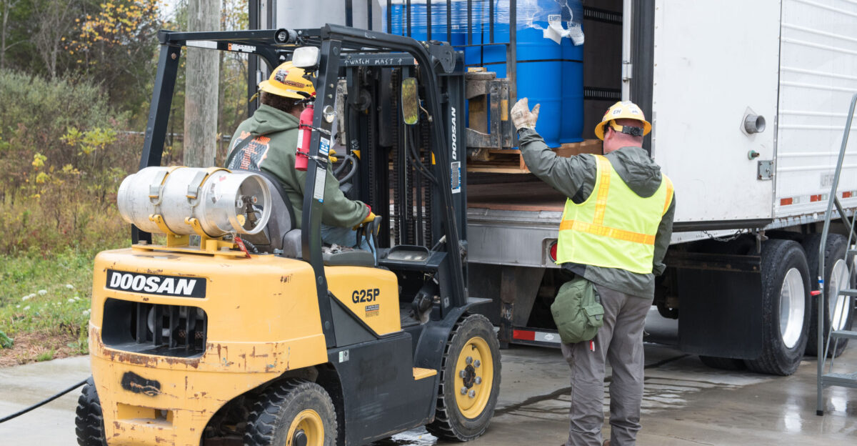 Workers load contaminated material from the Blue Grass Chemical Agent-Destruction Pilot Plant to be disposed of at a Hazardous Waste Treatment Storage and Disposal Facility Visit our website for more information a href rel noreferrer nofollow