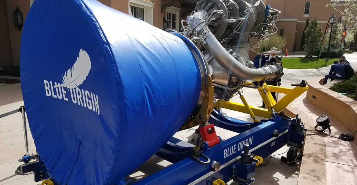 The BE-4 originally serial number 101 was manufactured in Kent Washington during October 2017 It was the first BE-4 engine to be hotfire tested on 18 Oct 2017 It has subsequently been hotfire tested disassembled rebuilt and retested several times to its current iteration in this photo noted as SN 103 Portions of this development engine have gone through destructive disassembly and inspection Part no 004-150-0000-001