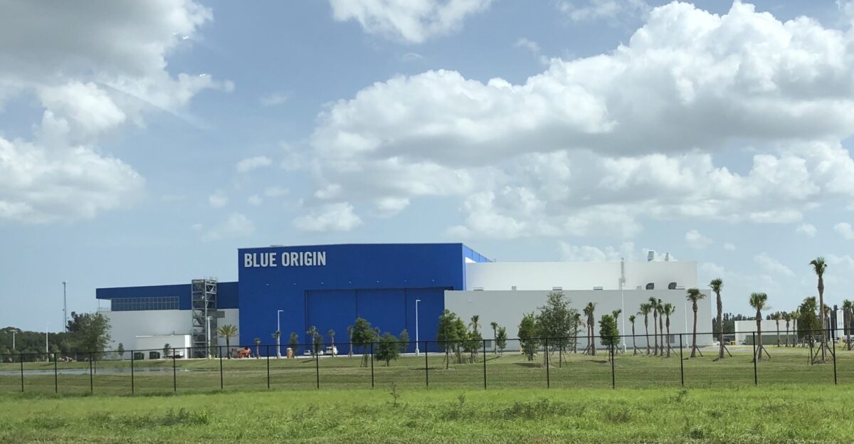 Blue Origin s OLS manufacturing building south of the Kennedy Space Center Visitor Complex on Merritt Island Florida 2018 View from the north