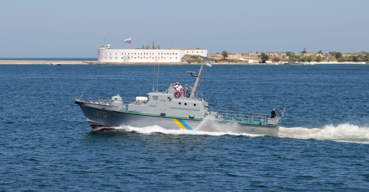 Ukrainian artillery boat U170 Skadovs k Project 1400M Grif-M Zhuk class boat known as AK-327 while in the Soviet marine Sevastopol Bay Crimea