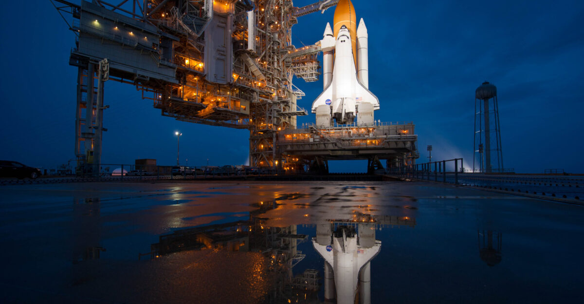 The Space Shuttle Atlantis is seen shortly after the rotating service structure RSS was rolled back at launch pad 39a Thursday July 7 2011 at the NASA Kennedy Space Center in Cape Canaveral Fla