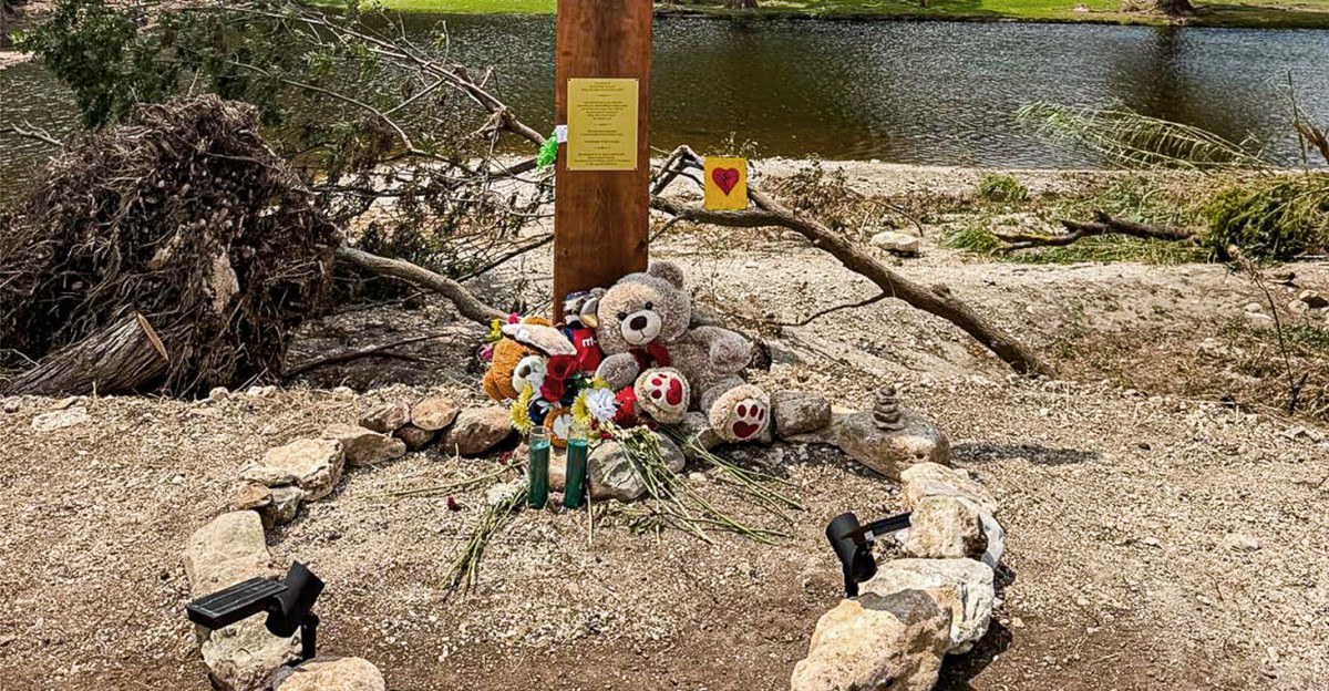 A memorial stands on the banks of the Guadalupe River July 15 near Camp Mystic where on July 4 2025 20 girls were swept away during a catastrophic flood in Kerr County Texas CBP Photo by Brady Pratt