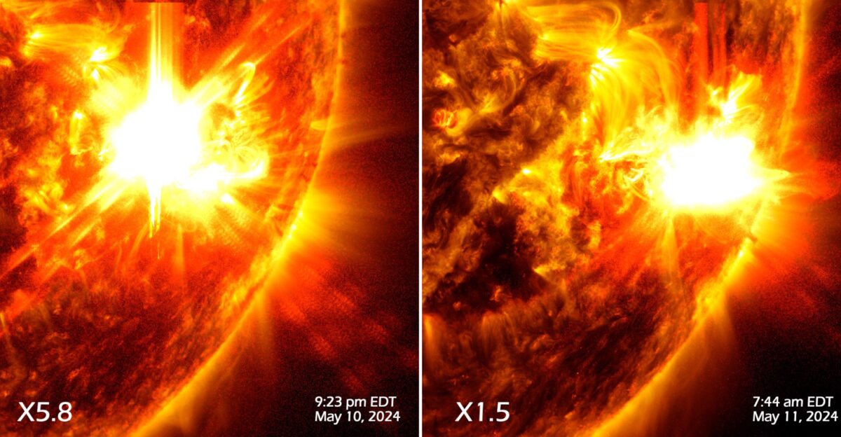 NASA s Solar Dynamics Observatory captured images of the two solar flares on May 10 and May 11 2024 The flares are classified as X5 8 and X1 5-class flares respectively The image shows a subset of extreme ultraviolet light that highlights the extremely hot material in flares created from a mixture of SDO s AIA 193 171 and 131 channels Available with EDT and UTC time labels as well as unlabeled Credit NASA SDO