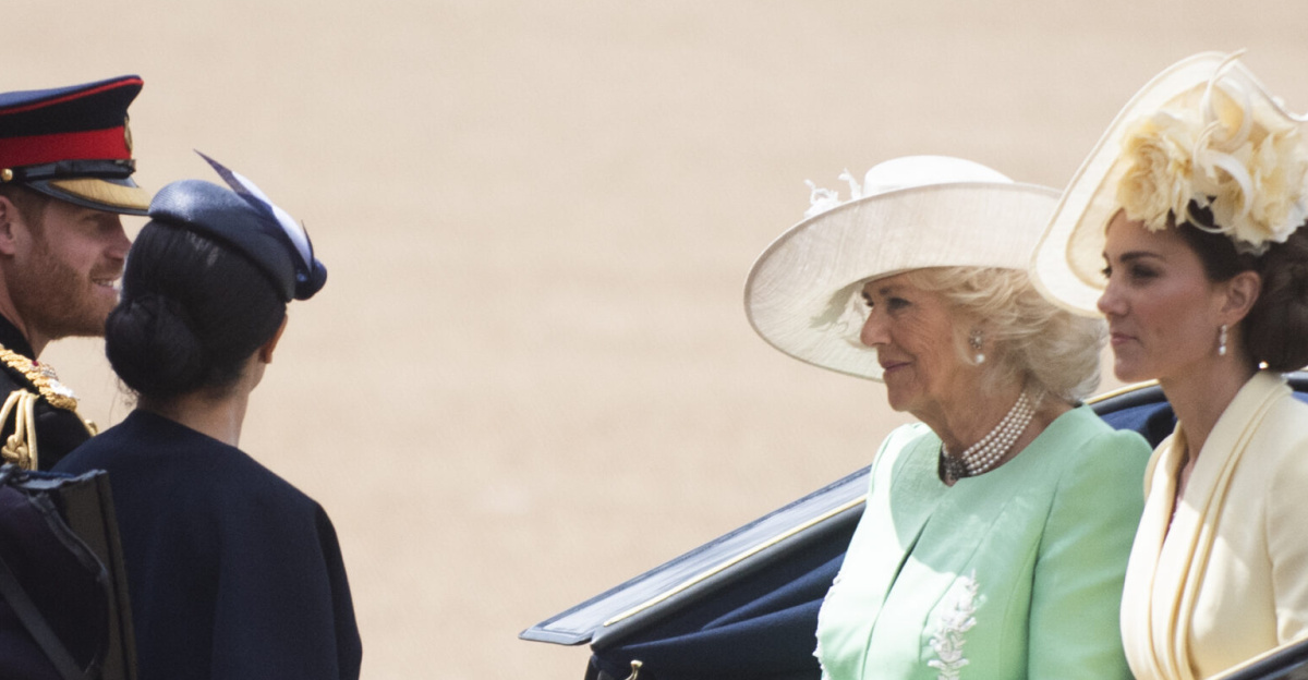 Camilla, Duchess of Cornwall, Kate, Duchess of Cambridge, Meghan, Duchess of Sussex, Prince Harry, Duke of Sussex arrive in a horse-drawn carriage at the, 'Trooping the Colour', in London on June 8, 2019. The ceremony of Trooping the Colour is believed to have first been performed during the reign of King Charles II. Since 1748, the Trooping of the Colour has marked the official birthday of the British Sovereign. Over 1400 parading soldiers, almost 300 horses and 400 musicians take part in the event. (DOD photo by U.S. Navy Petty Officer 1st Class Dominique A. Pineiro)