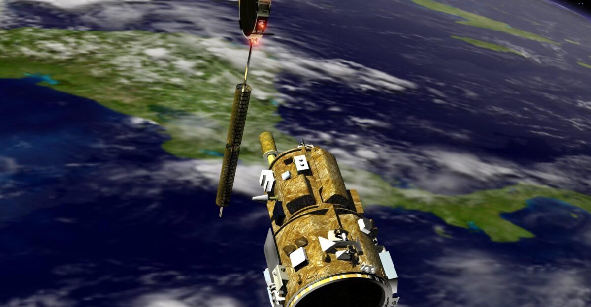 An artist s conception of the autonomous Demonstration for Autonomous Rendezvous DART spacecraft as it approaches the Multiple Paths Beyond-Line-of-Site Communications MUBLCOM satellite NASA is testing the DART as a docking system for next generation vehicles to guide spacecraft carrying cargo or equipment to the International Space Station or retrieving or servicing satellites in orbit Before the new system can be implemented on piloted spacecraft it has to be tested in space The computer-guided DART is equipped with an Advanced Video Guidance Sensor and a Global Positioning System that can receive signals from other spacecraft to allow DART to move within 330 feet of the target DART is scheduled to launch from Vandenberg Air Force Base in California no earlier than Oct 18 It will be released from a Pegasus XL launch vehicle carried aloft by an Orbital Sciences Corporation aircraft The fourth stage of the Pegasus rocket will remain attached as an integral part of the spacecraft allowing it to maneuver in space Once in orbit DART will race toward the target the MUBLCOM satellite for a rendezvous