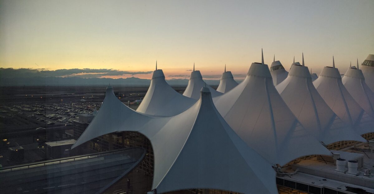Denver International Airport Main Terminal at dusk from the Westin Hotel 13th floor in late September