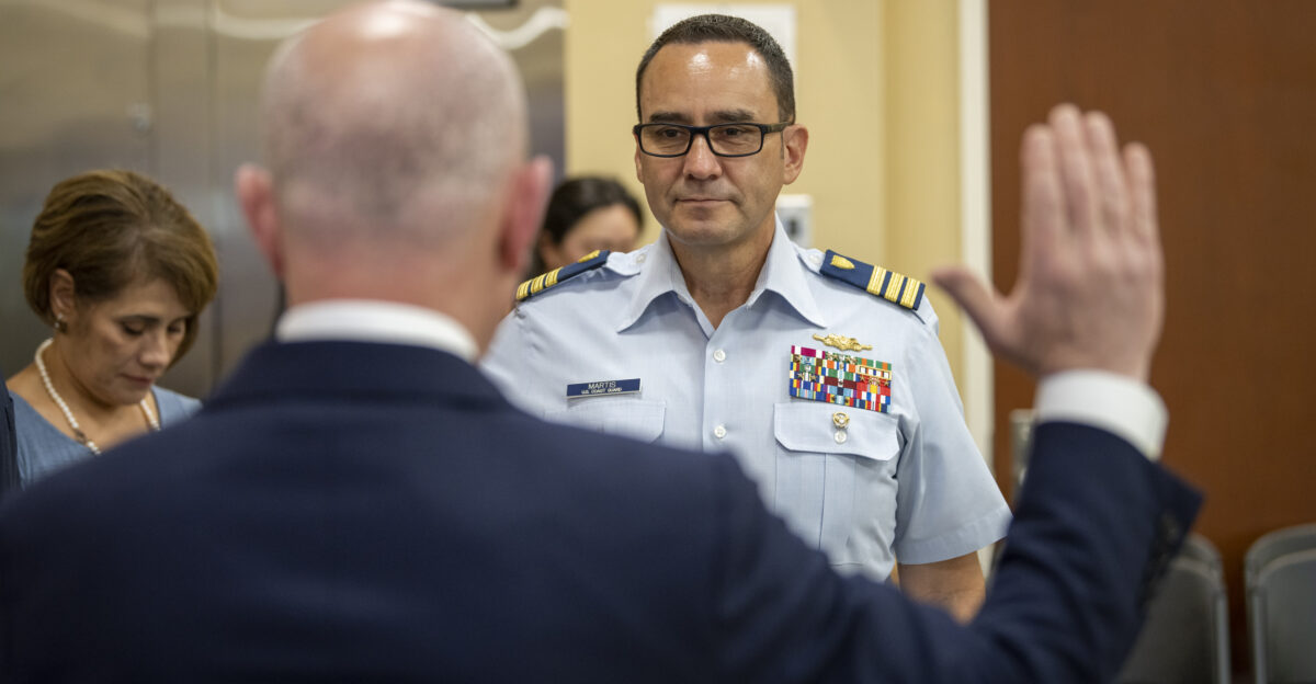 PANAMA CITY April 19 2022 Homeland Security Secretary Alejandro Mayorkas meets with staff members at the US Embassy in Panama Secretary Mayorkas administered a promotion member for a Coast Guard who earned the rank of Captain DHS Photos by Zachary Hupp