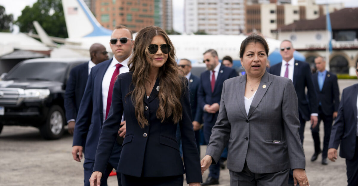 U S Department of Homeland Security DHS Secretary Kristi Noem observes people deported from the United States disembark a repatriation flight at La Aurora International Airport in Guatemala City Guatemala June 26 2025 DHS photo by Tia Dufour