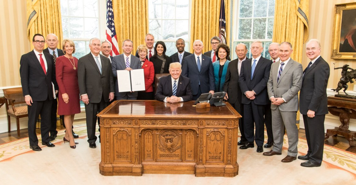 Group photo of most of the Trump cabinet in March 2017. Photo was tweeted with the text: "Proud to welcome our great Cabinet this afternoon for our first meeting. Unfortunately 4 seats were empty because Senate Dems are delaying!"