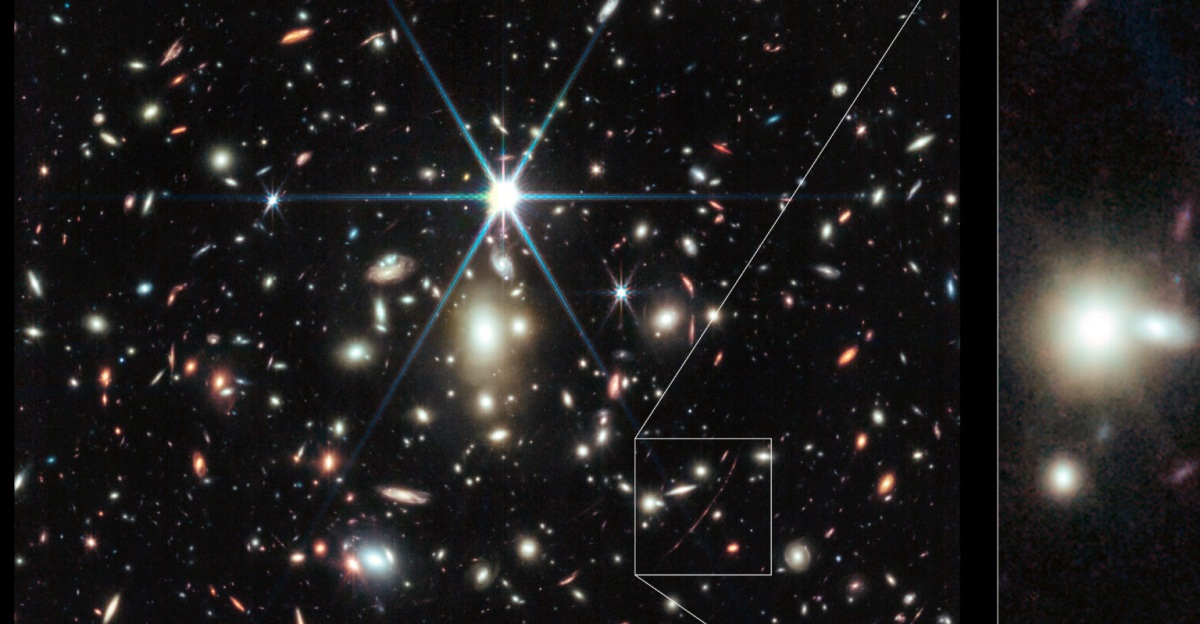 This image from the NASA/ESA/CSA James Webb Space Telescope shows a massive galaxy cluster called WHL0137-08, and at the right, an inset of the most strongly magnified galaxy known in the Universe’s first billion years: the Sunrise Arc. Within that galaxy is the most distant star ever detected, <a rel="nofollow" class="external text" href="https://esahubble.org/news/heic2203/">first discovered</a> by the NASA/ESA Hubble Space Telescope.Webb’s NIRCam (<a rel="nofollow" class="external text" href="https://esawebb.org/about/instruments/nircam-niriss/">Near-Infrared Camera</a>) instrument reveals the star, nicknamed Earendel, to be a massive B-type star more than twice as hot as our Sun, and about a million times more luminous. Stars of this mass often have companions. Astronomers did not expect Webb to reveal any companions of Earendel since they would be so close together and indistinguishable on the sky. However, based solely on the colours of Earendel detected by Webb, astronomers think they see hints of a cooler companion star.Webb’s NIRCam also shows other remarkable details in the Sunrise Arc. Features include both young star-forming regions and older established star clusters. On either side of the wrinkle of maximum magnification, which runs right through Earendel, these features are mirrored by the distortion of the gravitational lens. The region forming stars appears elongated, and is estimated to be less than 5 million years old. Smaller dots on either side of Earendel are two images of one older, more established star cluster, estimated to be 10 million years or older. Astronomers determined this star cluster is gravitationally bound and likely to persist until the present day. This shows us how the globular clusters in our own Milky Way might have looked when they formed 13 billion years ago.[<em>Image description</em>: The image is split in half vertically to create two images. In the left image, a black background is scattered with hundreds of small galaxies of different shapes, ranging in colour from white to yellow to red. Some galaxies, mostly the redder galaxies, are distorted, appearing to be stretched out or mirror imaged. Just a little bit above the centre, there is a bright source of light, a star, with 8 bright diffraction spikes extending out from it. The right image is a zoomed-in portion of the image at the left, showing a particularly long, red, thin line that stretches from 1 o’clock to 7 o’clock. There are several bright dots, some thicker than others, along this line, with one labelled as Earendel.]