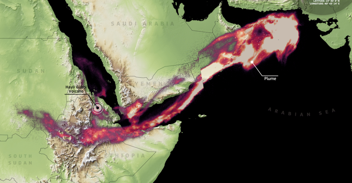 On 23 November 2025 the Hayli Gubbi volcano in Ethiopia located approximately 800 kilometres north-east of Addis Ababa erupted for the first time in nearly 12 000 years As a result of the eruption a large sulfur dioxide SO plume was emitted into the atmosphere This image derived from data acquired by the Copernicus Sentinel-5P satellite on 24 November shows the plume extending for approximately 3 700 kilometres from Ethiopia to the Arabian Sea The atmospheric monitoring capabilities of Copernicus Sentinel-5P support the detection and tracking of volcanic gas emissions which are important for aviation safety air quality assessments and climate monitoring