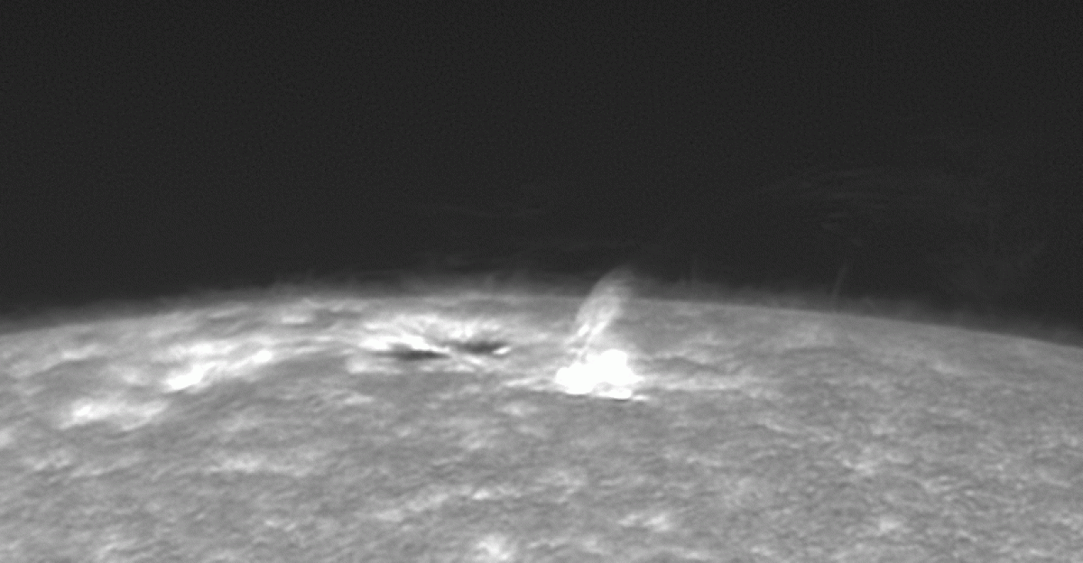 Using a Skybender, equipped with the narrowest calcium solar filter in the world-  Apollo Lasky was able to record a powerful C5 solar flare at the limb.  The impressive eruption produced a coronal mass ejection.