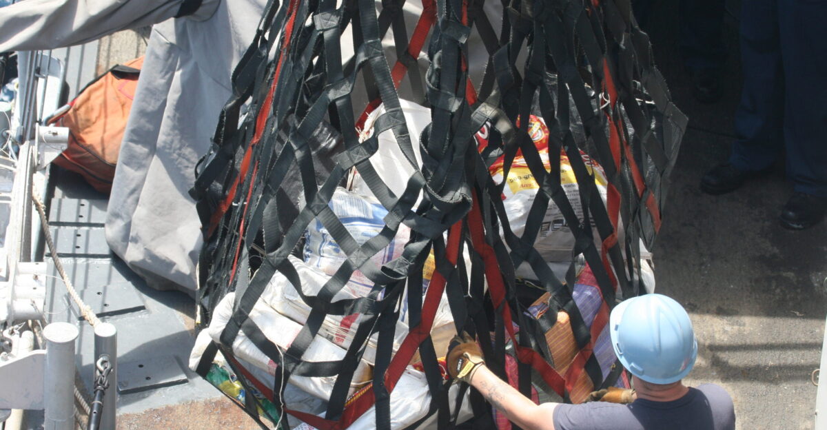 PACIFIC OCEAN June 4 2012 A Sailor aboard the guided-missile frigate USS Nicholas FFG 47 guides a cargo net loaded with bales of cocaine recently recovered from a drug interdiction off the Pacific coast of Colombia Navy and Coast Guard personnel recovered approximately 4 910 pounds of the contraband after it was dumped from a vessel during drug interdiction operations in support of Operation Martillo off the Pacific Coast of Colombia The estimated street value of the 112 bales is more than 367 million Operation Martillo is a U S European and western Hemisphere partner nation effort targeting illicit trafficking routes in coastal waters along the Central American isthmus U S Navy photo Released 120604-N-ZZ999-003 Join the conversation navylive dodlive mil