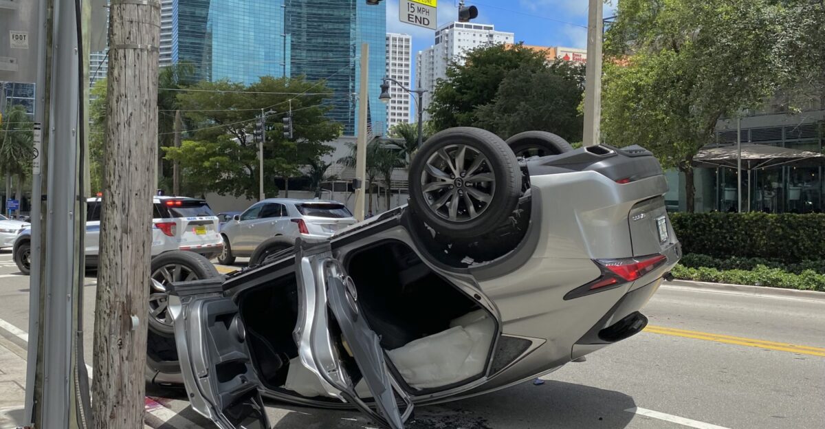 Aftermath of auto accident that flipped car Miami Florida 5 June 2021