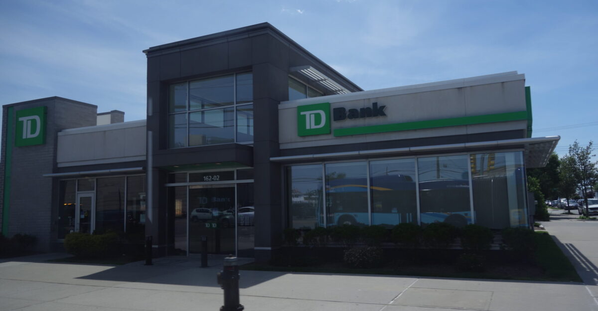 Looking west from a Far Rockaway-bound Q53 SBS bus at the TD Bank at the southwest corner of Cross Bay Boulevard and 162nd Avenue in Howard Beach Queens