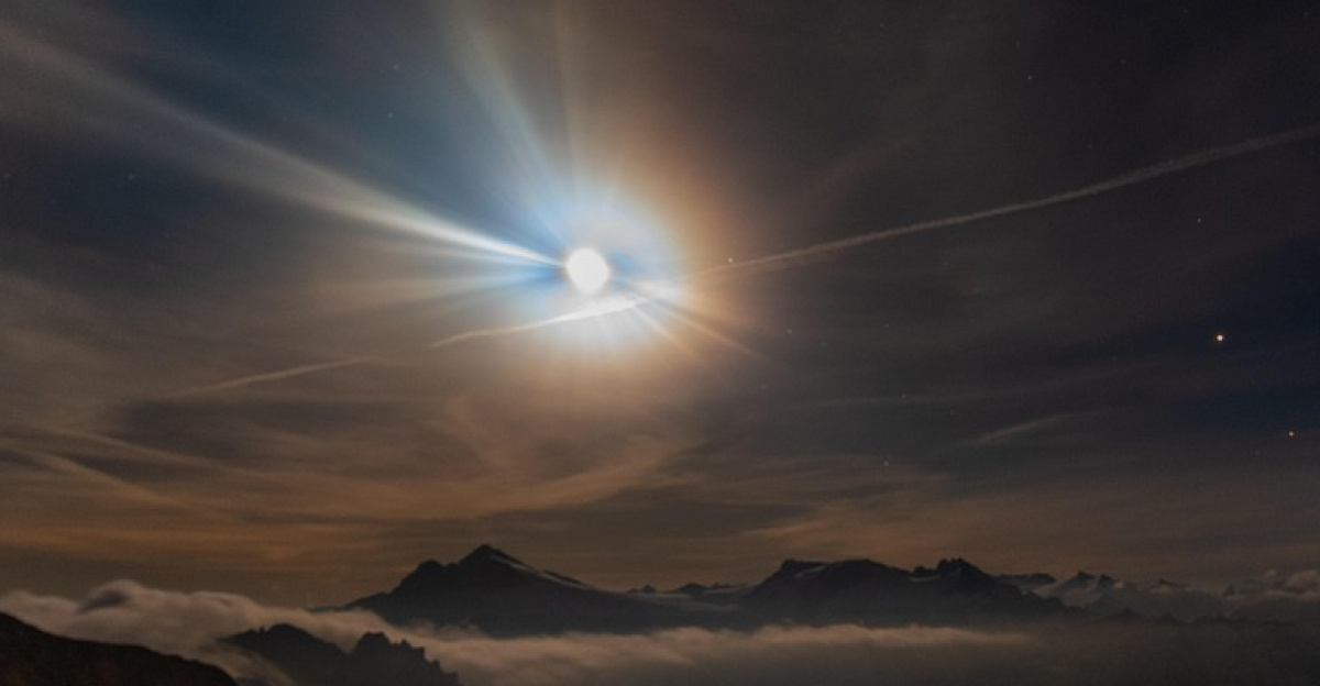mountains, night, full moon, stars, switzerland, moon star, halo, starry sky, nature, fog, panorama, halo, halo, halo, halo, halo