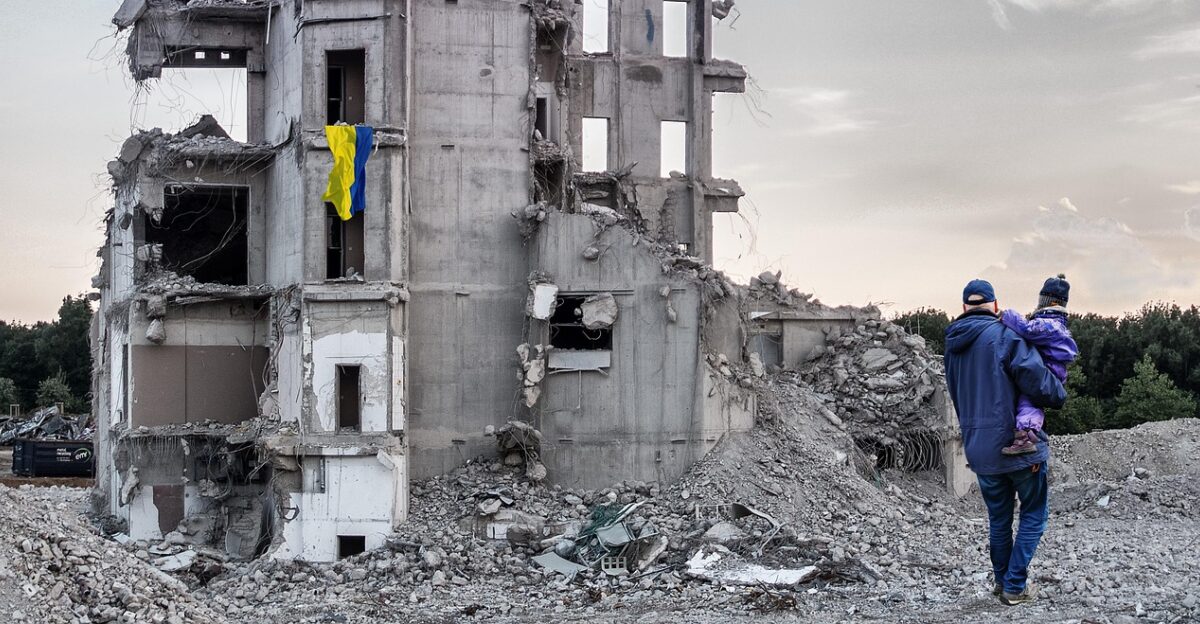destruction war ukraine banner flag building window man child infant poverty mischief cancellation disintegration destroy peace freedom defense escape expelled homeland war ukraine ukraine ukraine ukraine ukraine